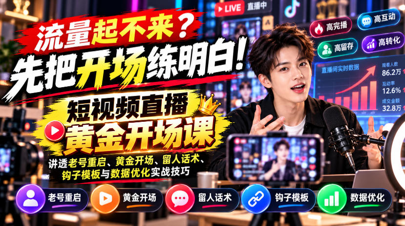 【无水印】流量起不来?先把开场练明白!短视频直播黄金开场课,讲透老号重启、黄金开场、留人话术、钩子模板与数据优化实战技巧-创业资源网