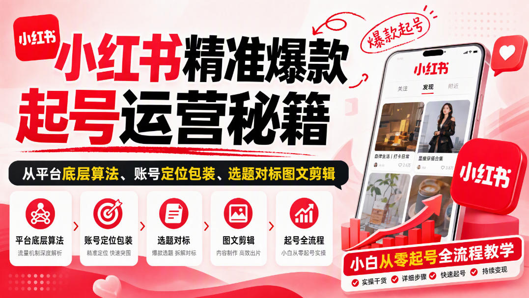 小红书精准爆款起号运营秘籍,从平台底层算法、账号定位包装、选题对标图文剪辑,小白从零起号全流程-创业资源网
