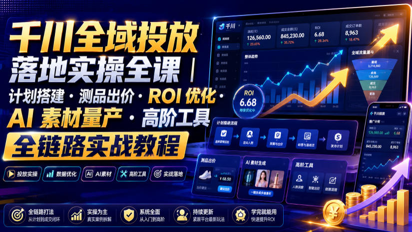 千川全域投放落地实操全课｜计划搭建・测品出价・ROI优化・AI素材量产・高阶工具全链路实战教程-创业资源网