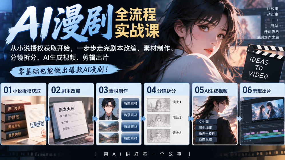 AI漫剧全流程实战课|从小说授权获取开始,一步步走完剧本改编、素材制作、分镜拆分、AI生成视频、剪辑出片全流程-创业资源网